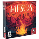 Box art for MESOS, featuring a vibrant red-orange background with primitive cave-painting style silhouettes of human figures and a deer-headed figure gathered around a central flame. 