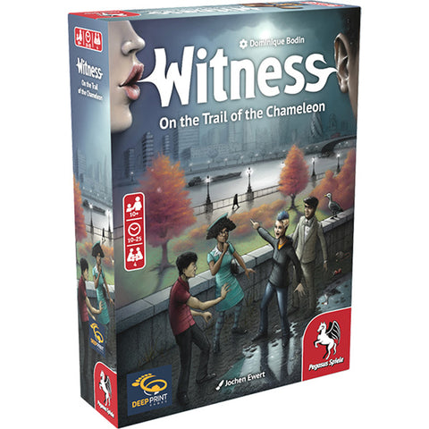 Witness: On the Trail of the Chameleon board game box featuring dramatic artwork of people investigating near a bridge in an urban autumn setting. The box shows the classic Witness series design with a close-up of lips whispering on the left side and the main illustration depicting characters in detective-style poses along a riverbank with fall foliage and city buildings in the background. 