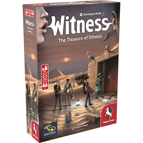 Witness: The Treasure of Othesis board game box featuring desert archaeological adventure artwork with characters exploring ancient Egyptian ruins. The box displays dramatic desert scenery with pyramids in the background and adventurers investigating a stone temple structure.