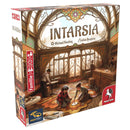 Box art for Intarsia board game showing an ornate wooden café interior with decorative parquet flooring and people working on intricate inlay designs. The box features warm brown and orange tones with Art Nouveau-style decorative elements framing the scene.