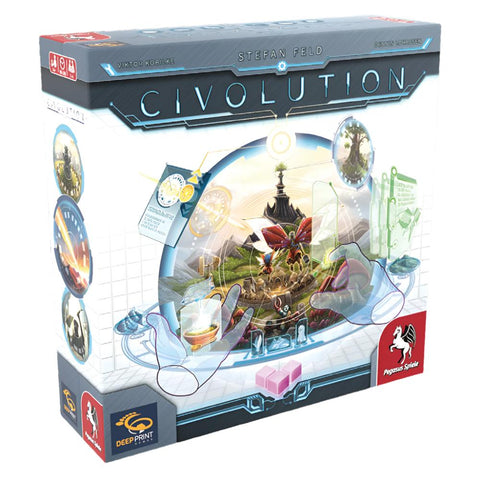 Civolution board game box featuring a futuristic sci-fi design with a transparent dome containing miniature buildings, vehicles, and landscape elements. The sleek packaging displays the game title prominently across the top in metallic lettering.