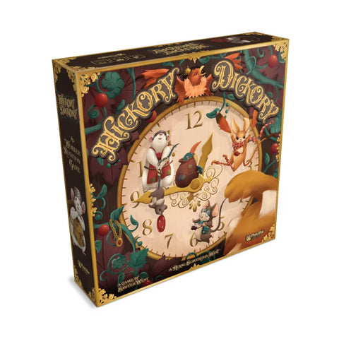 Hickory Dickory board game box featuring an ornate clock face design with colorful illustrated mice characters positioned around the clock numbers. The box art displays a whimsical, storybook aesthetic with rich autumn colors, decorative golden scrollwork, and seasonal foliage framing the central timepiece. The game's title "Hickory Dickory" appears in elegant golden lettering at the top of the package.