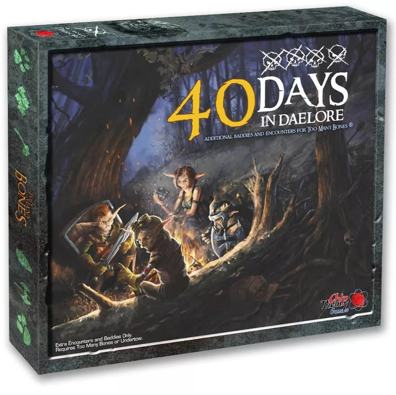The cover shows a group of fantasy characters gathered around a campfire in a dark forest, including armored adventurers. The box features a dark stone-like border with skull decorations at the top and text indicating it contains additional baddies and encounters.