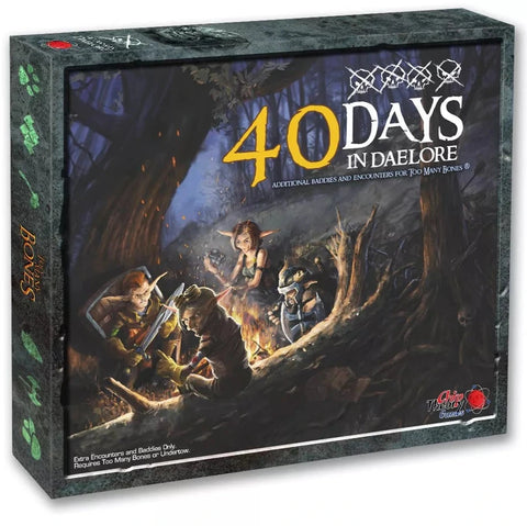 The cover shows a group of fantasy characters gathered around a campfire in a dark forest, including armored adventurers. The box features a dark stone-like border with skull decorations at the top and text indicating it contains additional baddies and encounters.