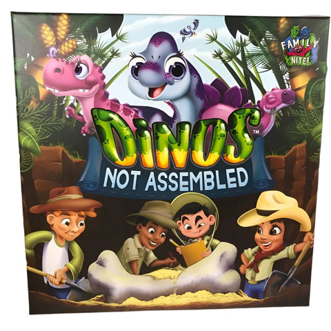 Box art for "Dinos Not Assembled," featuring cartoon baby dinosaurs (pink and purple) at the top and four child explorers in safari outfits gathered around an egg fossil at the bottom.