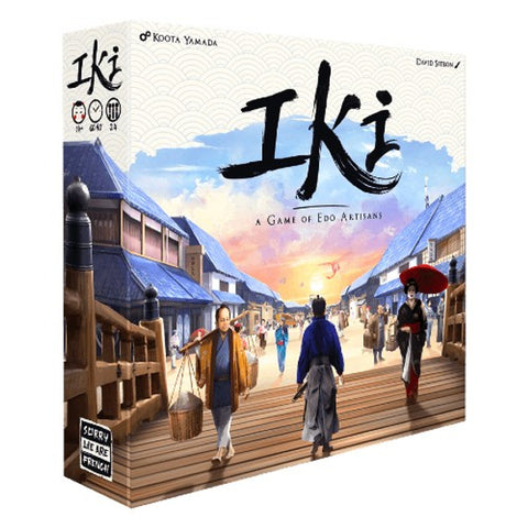 IKI: A Game of Edo Artisans board game box cover featuring a vibrant illustration of a traditional Japanese street scene in historic Edo period Tokyo. The artwork depicts wooden storefronts with blue tile roofs lining both sides of a bustling street, with people in traditional Japanese clothing including kimono and hakama walking along wooden walkways. 