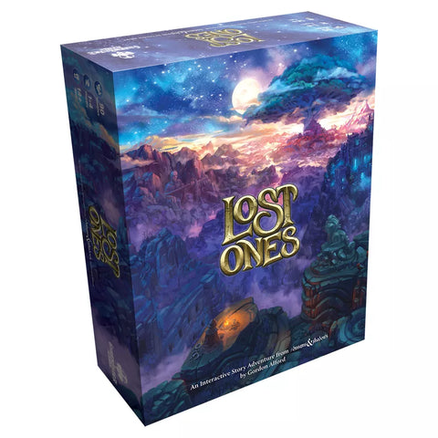 Lost Ones board game box featuring a mystical fantasy landscape with purple mountains, glowing moon, and ethereal lighting effects. The box art depicts a dramatic otherworldly scene with rocky terrain, ancient ruins, and a magical cave entrance glowing with warm orange light. The game's golden title logo is prominently displayed against the enchanted twilight sky filled with stars and swirling cosmic colors.