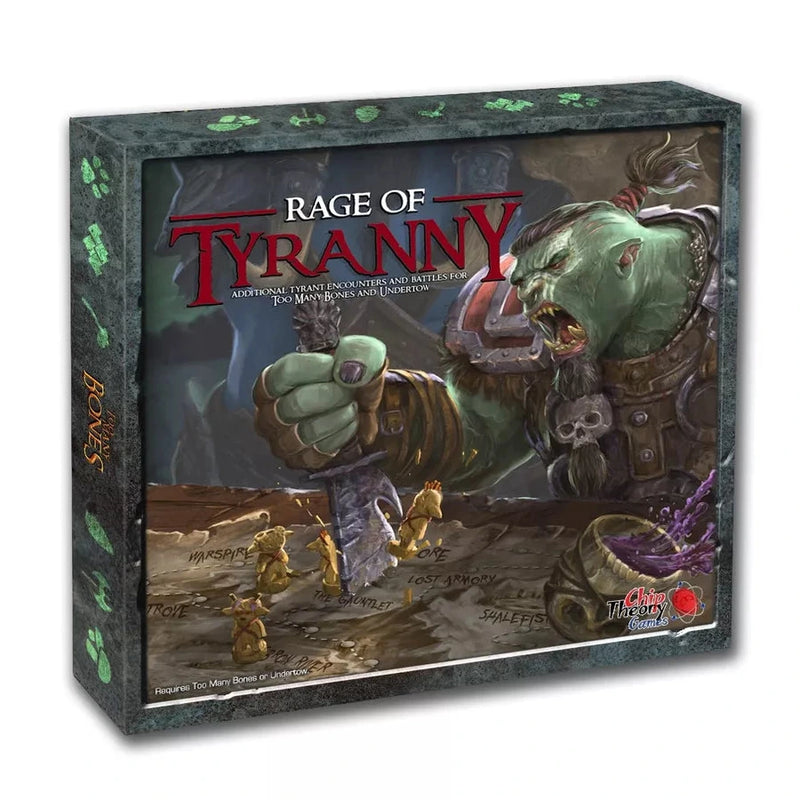 The dark stone-textured box displays the game's title prominently in red text, with smaller text indicating it provides additional tyrant encounters and battles for the base games, and the Chip Theory Games logo appears in the corner.