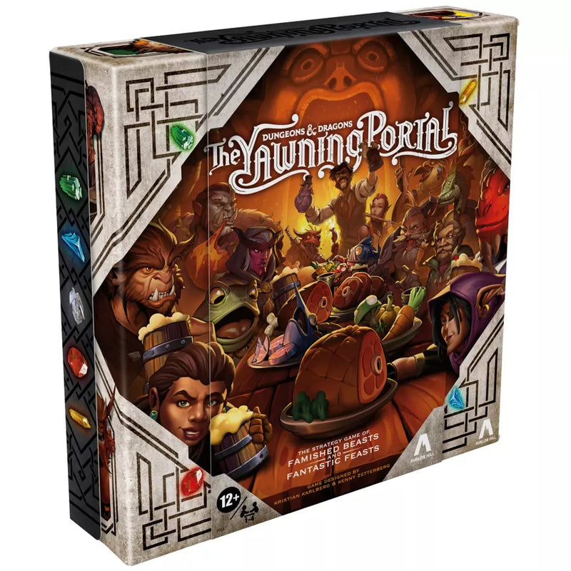 Dungeons & Dragons: The Yawning Portal board game box featuring colorful fantasy artwork of diverse adventurers gathered around a tavern table with food and drinks. The box art shows various D&D character archetypes including warriors, rogues, and spellcasters in a warm, inviting tavern setting with glowing amber lighting. 