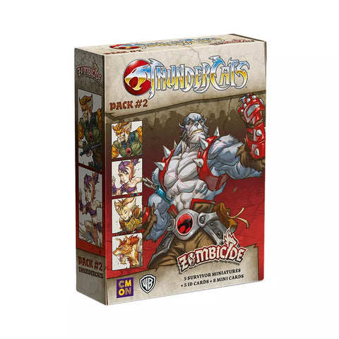 Thundercats Zombicide Pack #2 board game box featuring colorful artwork of anthropomorphic cat warriors in battle poses against a red gradient background. The box displays the Thundercats and Zombicide logos prominently at the top, with character portraits along the left side showing various cat-like heroes.