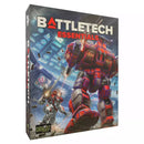 Box art for BattleTech Essentials board game showing two battling mechs in an arena - a large red and gray mech alongside a smaller white and red mech with weapons firing. The dramatic cover features the BattleTech logo with a red triangle symbol at the top, and the Catalyst Game Labs publisher logo in the bottom corner.