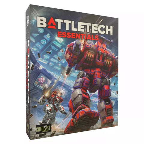 Box art for BattleTech Essentials board game showing two battling mechs in an arena - a large red and gray mech alongside a smaller white and red mech with weapons firing. The dramatic cover features the BattleTech logo with a red triangle symbol at the top, and the Catalyst Game Labs publisher logo in the bottom corner.
