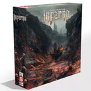 Inferno board game box by Fernando Eduardo Sánchez featuring dramatic dark fantasy artwork of a hellish canyon landscape with skeletal figures and flowing lava. The box displays gothic-style lettering for the game title against a moody mountainous backdrop with red and orange volcanic elements. 