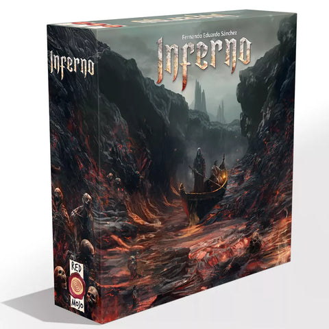 Inferno board game box by Fernando Eduardo Sánchez featuring dramatic dark fantasy artwork of a hellish canyon landscape with skeletal figures and flowing lava. The box displays gothic-style lettering for the game title against a moody mountainous backdrop with red and orange volcanic elements. 