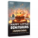 Happy Little Dinosaurs Hazards Ahead expansion pack box featuring a cute orange dinosaur character with spikes on its back, surrounded by a colorful prehistoric landscape with meteor showers in the sky. The box art shows the Unstable Games logo at the top and displays the game title in bold white letters against a dark banner.