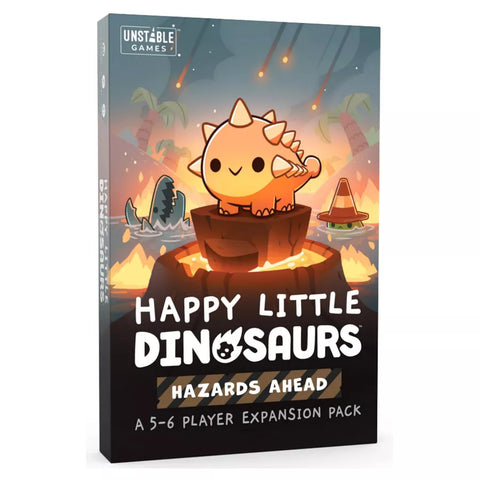 Happy Little Dinosaurs Hazards Ahead expansion pack box featuring a cute orange dinosaur character with spikes on its back, surrounded by a colorful prehistoric landscape with meteor showers in the sky. The box art shows the Unstable Games logo at the top and displays the game title in bold white letters against a dark banner.