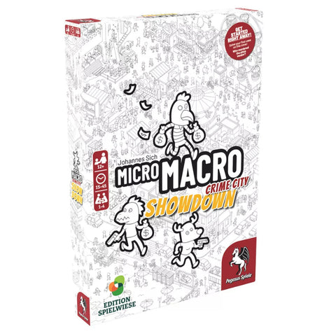 MicroMacro: Crime City Showdown board game box featuring black and white cartoon characters running with money bags against a detailed isometric city backdrop.