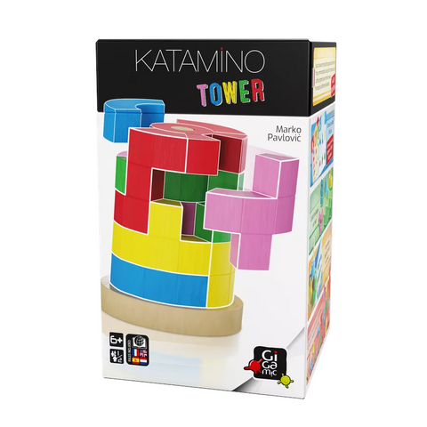 Katamino Tower board game box showing colorful 3D wooden puzzle pieces stacked on a circular wooden base. The box features a black header with the game title "KATAMINO TOWER" in white and colorful letters.