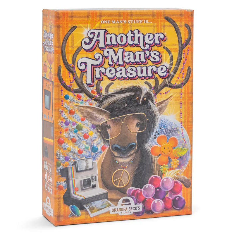 Box cover of 'Another Man's Treasure' board game by Grandpa Beck's Games, featuring a cartoon moose wearing glasses and a peace sign necklace surrounded by vintage items. The colorful orange box displays a retro aesthetic with decorative antlers, an instant camera, Christmas tree, disco ball, and beads.