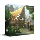 Mythwind Friends & Family expansion box featuring a charming illustrated village scene with a thatched-roof cottage, characters in medieval fantasy attire, and lush green forest surroundings. 