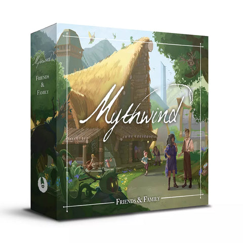Mythwind Friends & Family expansion box featuring a charming illustrated village scene with a thatched-roof cottage, characters in medieval fantasy attire, and lush green forest surroundings. 