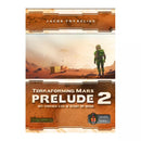 Terraforming Mars: Prelude 2 board game box cover featuring a lone astronaut walking across a rust-colored Martian landscape. The box displays the game's title in large white letters against the orange-brown planetary surface, with the designer name Jacob Fryxelius at the top. The artwork depicts a desolate Mars terrain with scattered rocks and a hazy atmosphere, conveying the theme of planetary exploration and terraforming.