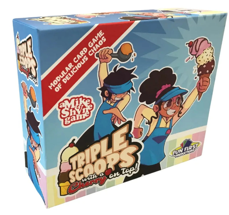 Box of 'Triple Scoops' card game with cartoon characters and ice cream theme