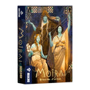 Box art for Moirai by Devir featuring three mythological Fate goddesses with blue-green skin in golden robes holding thread between them. The central hooded figure represents Atropos, while Clotho and Lachesis are positioned below, all set against a dark blue background with decorative symbols. 