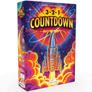 Box art for 3-2-1 Countdown board game featuring a colorful retro space-themed design with a silver rocket launching through vibrant orange and pink clouds against a deep purple starry background.