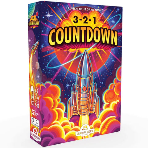 Box art for 3-2-1 Countdown board game featuring a colorful retro space-themed design with a silver rocket launching through vibrant orange and pink clouds against a deep purple starry background.