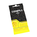 Compile AX02 Auxiliary Unit expansion pack showing a black package with circuit board pattern and yellow bottom section. The package features the Compile logo with angular white text and a hexagonal symbol containing the AX02 designation. 