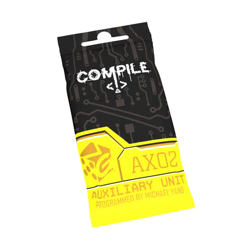 Compile AX02 Auxiliary Unit expansion pack showing a black package with circuit board pattern and yellow bottom section. The package features the Compile logo with angular white text and a hexagonal symbol containing the AX02 designation. 