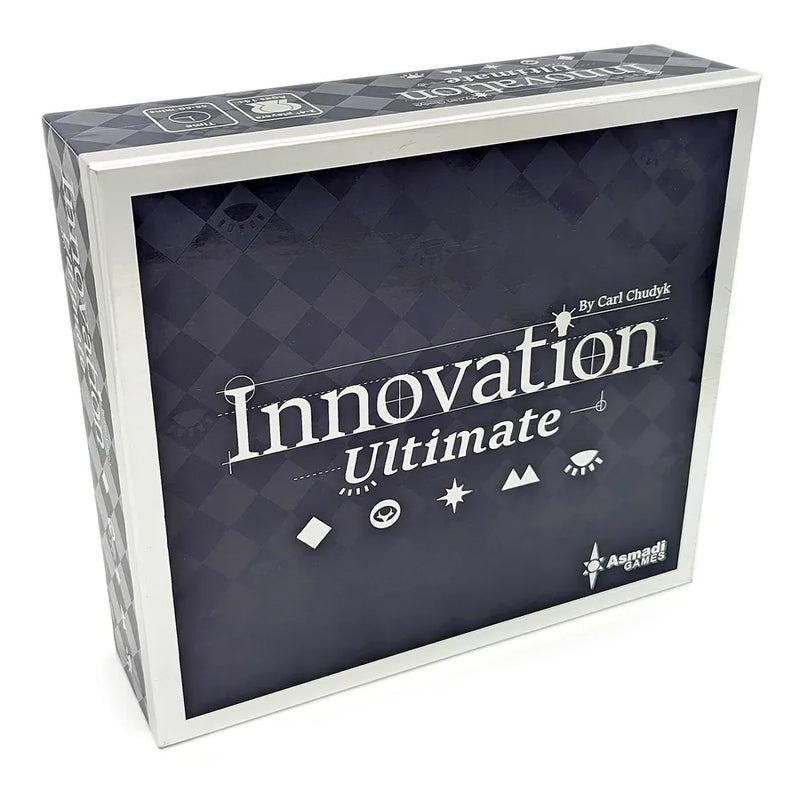 The square game box for Innovation Ultimate features a dark purple/black diamond pattern background with white text and small symbolic icons decorating the cover.