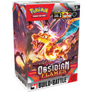 Pokemon Trading Card Game Scarlet & Violet Obsidian Flames Build & Battle Box, featuring colorful packaging with a fiery Charizard on the front. The box displays 'Play Level 2' and 'Build & Battle' indicators, designed for players 6 years and older. 