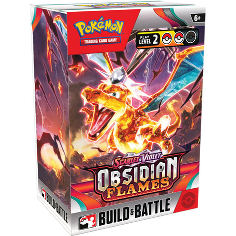 Pokemon Trading Card Game Scarlet & Violet Obsidian Flames Build & Battle Box, featuring colorful packaging with a fiery Charizard on the front. The box displays 'Play Level 2' and 'Build & Battle' indicators, designed for players 6 years and older. 