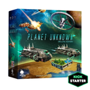 Board game box for Planet Unknown Deluxe Edition, featuring a cosmic space scene with spaceships and a space station orbiting a desert planet. The box art displays multiple spacecraft models and a small terrain cultivation module, showcasing the game's sci-fi theme. 