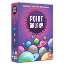 The box cover of Point Galaxy, featuring a purple background with colorful cartoon planets and space objects. The game box displays the designers' names at the top and showcases vibrant planetary designs in various colors and patterns, emphasizing its space-themed card-drafting gameplay.