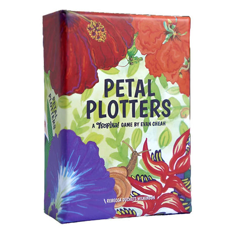 Petal Plotters board game box featuring vibrant tropical flowers in red, purple, and orange against a light green background. The colorful floral artwork includes hibiscus and other exotic blooms with detailed petals and leaves creating an eye-catching garden theme. 