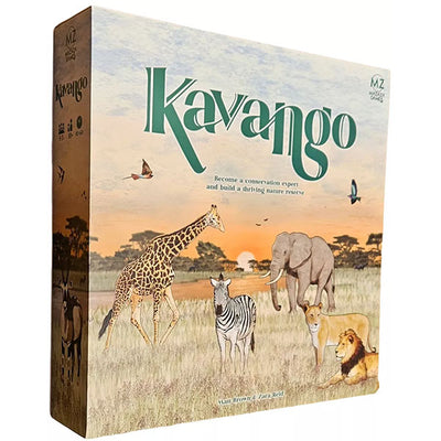 Kavango board game box featuring African safari artwork with a giraffe, elephant, zebra, and lion in a golden savanna landscape at sunset. The game box displays the Kavango logo in green lettering with the tagline about becoming a conservation expert. 