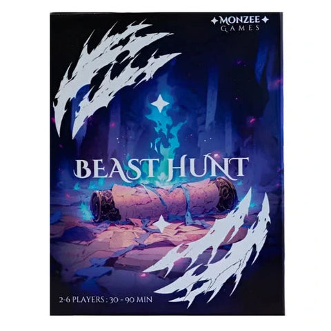 Beast Hunt board game box cover featuring dramatic fantasy artwork with white ethereal claws or tendrils swirling around a mystical blue and purple background. The game title appears in bold metallic lettering across the center, with a glowing star-like symbol above and what appears to be a fallen log or creature at the bottom. The overall design creates a dark, mystical atmosphere with swirling supernatural elements against a starry night sky backdrop.