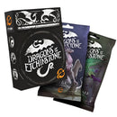 Dragons of Etchinstone card game packaging showing the main box and two expansion packs. The primary black box features a white dragon silhouette logo, while the purple and green expansion packs display fantasy artwork with creatures and magical effects. All packages share the distinctive Dragons of Etchinstone branding and logo design.