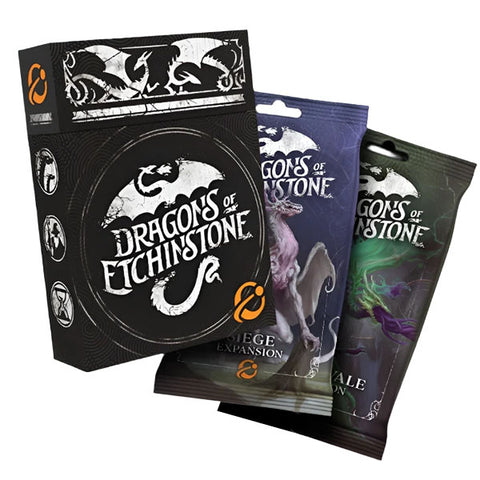 Dragons of Etchinstone card game packaging showing the main box and two expansion packs. The primary black box features a white dragon silhouette logo, while the purple and green expansion packs display fantasy artwork with creatures and magical effects. All packages share the distinctive Dragons of Etchinstone branding and logo design.