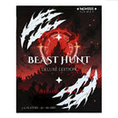 Beast Hunt Deluxe Edition board game box cover featuring dramatic dark fantasy artwork with white claw marks slashing across a red and black background. The cover displays the game's title in bold white letters with a mystical compass-like symbol, while silhouettes of warriors stand against a foreboding landscape.