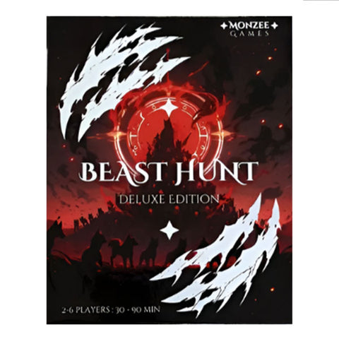 Beast Hunt Deluxe Edition board game box cover featuring dramatic dark fantasy artwork with white claw marks slashing across a red and black background. The cover displays the game's title in bold white letters with a mystical compass-like symbol, while silhouettes of warriors stand against a foreboding landscape.