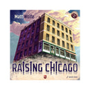 The illustration features a stylized multi-story building being lifted upward, with purple and gold-colored facades, green storefronts at street level, and dramatic clouds in the background.