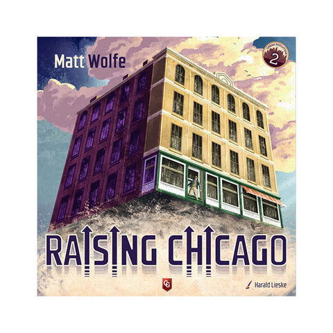 The illustration features a stylized multi-story building being lifted upward, with purple and gold-colored facades, green storefronts at street level, and dramatic clouds in the background.