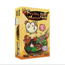 Frying Master board game box featuring colorful cartoon-style artwork with a cheerful chef character wearing a white hat alongside various cute food ingredients including vegetables and meat in a large frying pan. The yellow and orange gradient background creates a warm, kitchen-like atmosphere with playful illustrations of anthropomorphized cooking ingredients scattered around the composition. 