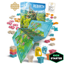 Rebirth Limited Edition board game showing the colorful game box featuring a fantasy castle on a mountainous landscape, along with the unfolded game board displaying a map of Scotland. The image displays various wooden game pieces in multiple colors (including pink, orange, blue, and natural wood tones) scattered around the board, plus game cards and a Kickstarter badge. 