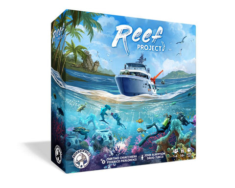 Reef Project board game box featuring a split-scene artwork with a research vessel on the ocean surface above and scuba divers exploring a vibrant coral reef below. The tropical setting includes palm trees and islands in the background, while underwater scenes show colorful coral formations, marine life, and diving equipment. The box displays the Board & Dice publisher logo.