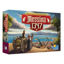 Board game box for Messina 1347 showing medieval artwork with people loading a wooden cart near a coastal Italian town. The box features a red heraldic-style title banner and depicts figures in period clothing against a backdrop of terracotta-roofed buildings around a harbor bay. 